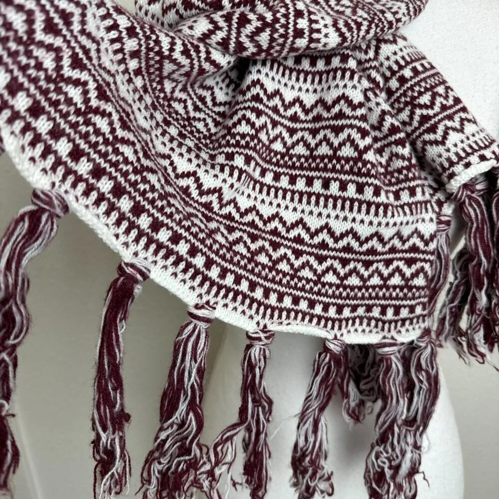 Long Scarf Nordic Style Burgundy ( Wine ) & White Fringe